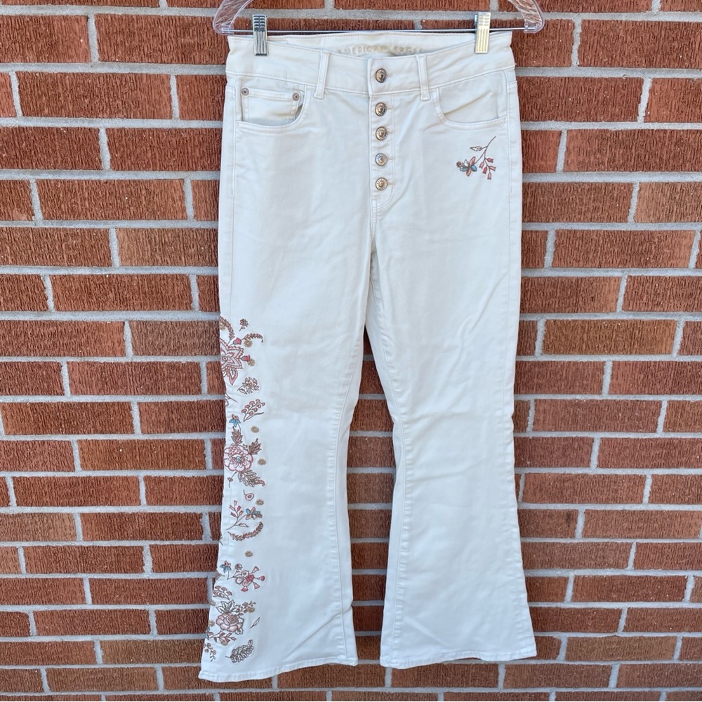 American Eagle Jeans Women's 8 Ivory Floral Super High Rise Flare Button Fly